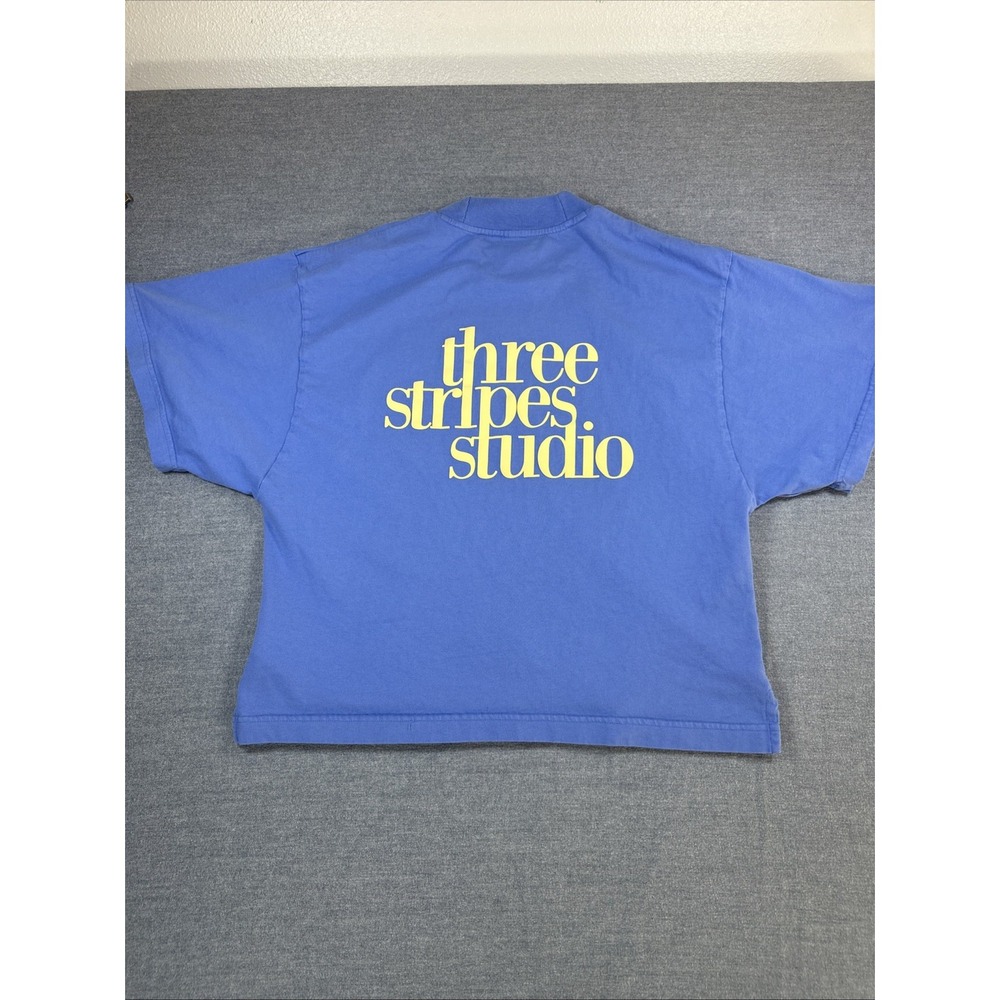 Adidas Women's 3-Stripes Studio T-Shirt Blue XS Boxy Oversized Relaxed